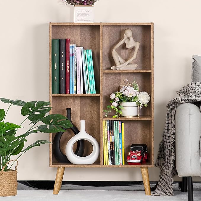 5 Cube Small Bookshelf,3 Tier Mid-Century Modern Bookcase with Legs,Wood Kids Bookshelves Storage Organizer Shelf,Free Standing Narrow Book Shelves,Oak Grey Corner Bookcases for Bedroom,Living Room