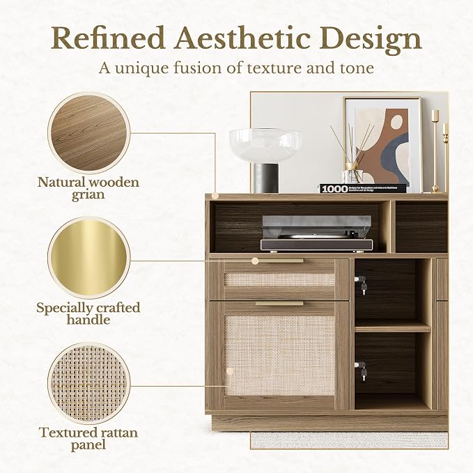 4 Drawer File Cabinet, Fluted Wood Lateral Filing Cabinet with Lock and Charging Station for Home Office, Printer Stand with Open Storage Shelves, Fits A4, Letter Size, Natural Oak