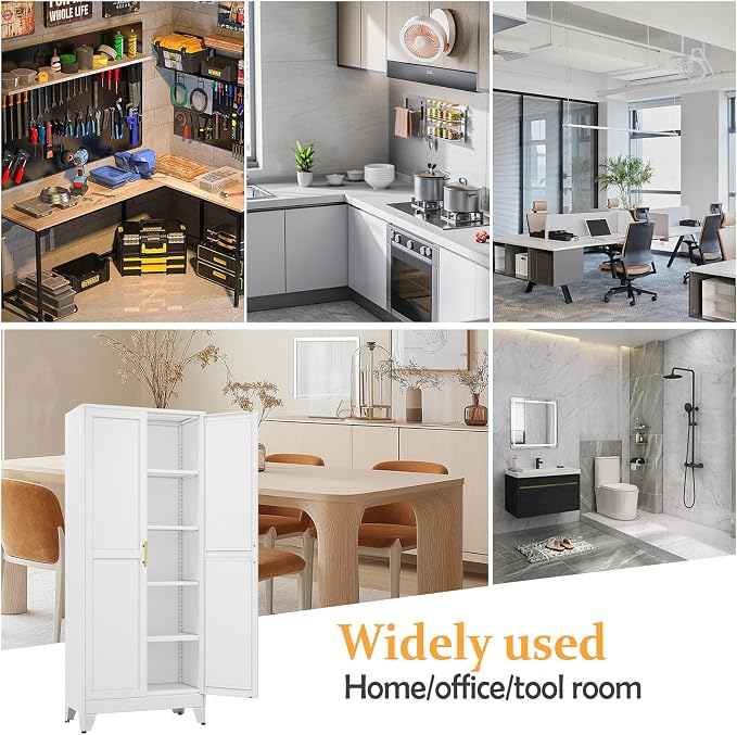 White Pantry Storage Cabinet,71" Kitchen Pantry with Doors and 4 Adjustable Shelves, Metal Storage Cabinet, for Office, Home, Garage, School