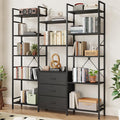 AFLUI Triple Bookshelf with 3 Fabric Drawers, 5-Tier Book Shelf and 10 Display Shelves, Industrial Large Bookcase for Home & Office, Black, 47'' Wide