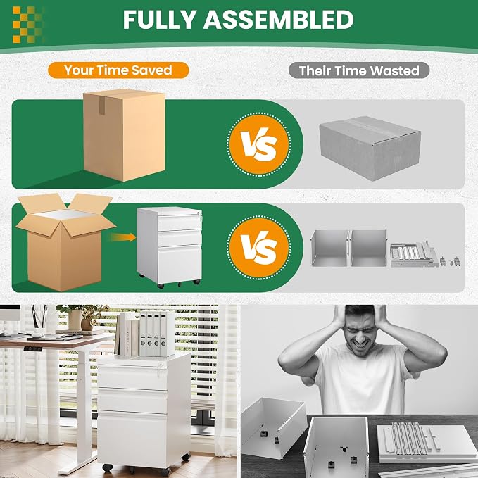 3 Drawer Mobile File Cabinet with Lock,Under Desk Filing Cabinet for Home Office, Metal Filing Cabinets on Wheels for Legal/Letter/A4 File, Fully Assembled Except Wheels, White