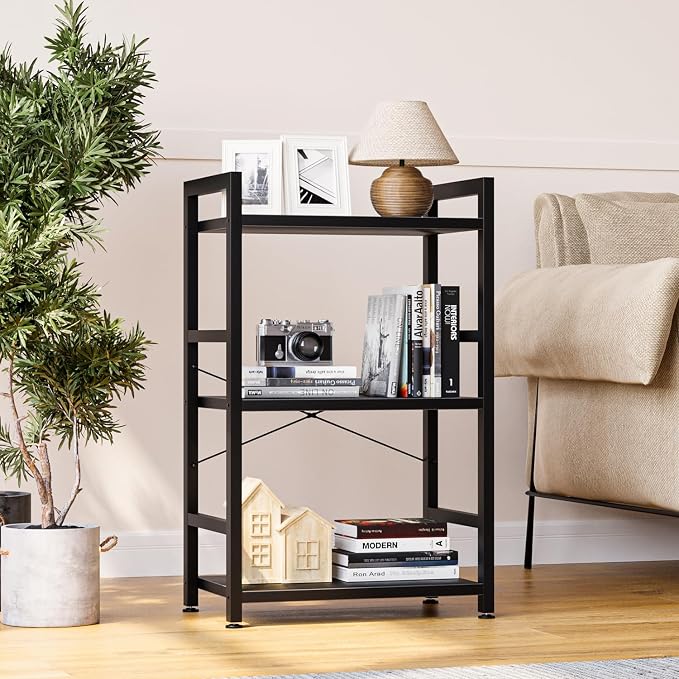 NUMENN 3 Tier Slim Bookshelf, Bookcase Shelf Storage Organizer, Modern Book Shelf for Bedroom, Living Room and Home Office, Black