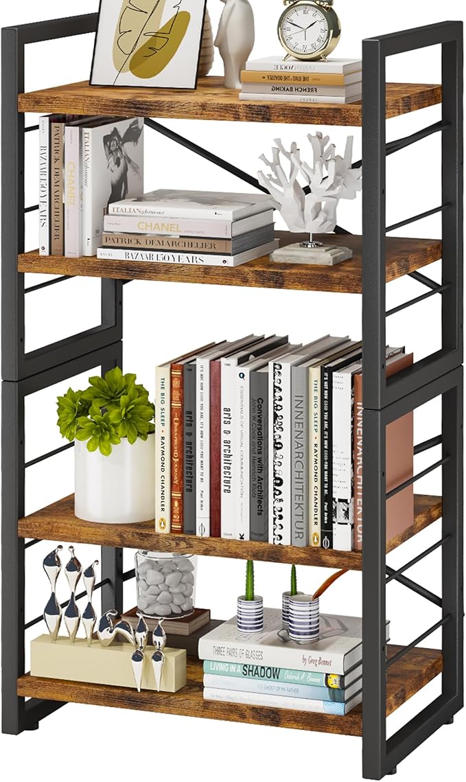 Homeiju Bookshelf, Dorm Desk Hutch, Desk Shelf Organizer, 4 Tier Stackable Bookcase, Adjustable Industrial Book Shelf Storage Organizer for Desktop, Living Room, Bedroom, Office,Rustic Black and Brown