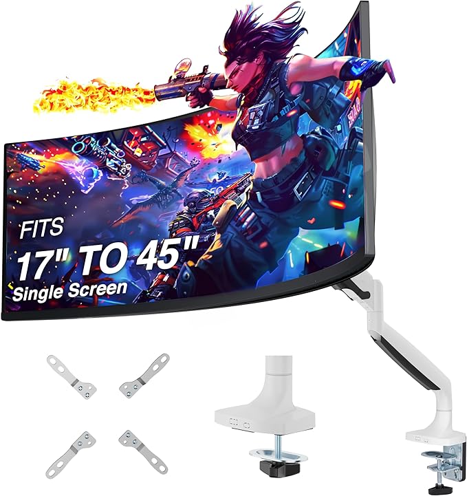 AVLT Single 17"-45" Monitor Arm Desk Mount Premium Mechanical Spring fits One Flat/Curved/Ultrawide Monitor Full Motion Height Swivel Tilt Rotation Adjustable, White