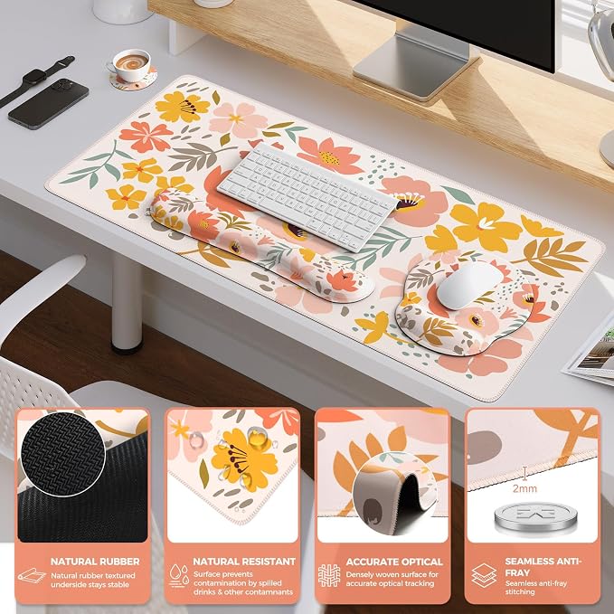 iCasso Desk Cover Mat, 4in1 Floral Large Mouse Pad with Wrist Rest, Desk Matt for Desktop, Anti-Slip XXL Big Computer Ergonomic Mousepad with Wrist Support for Keyboard and Mouse (Colorful)