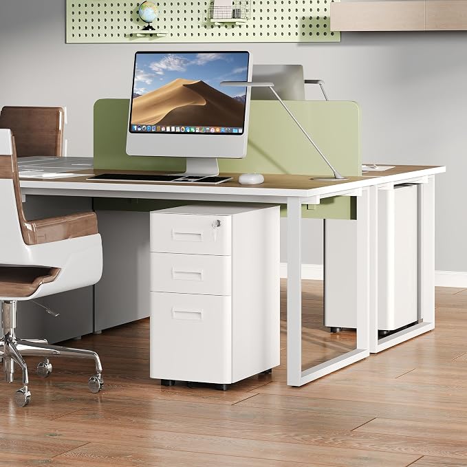 DEVAISE 3-Drawer File Cabinet, White Locking File Cabinet on Wheels, Fully Assembled Mobile Filing Cabinet for Office, 17.7" D x 11.8" W x 22.8" H