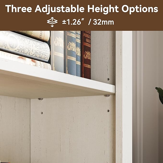 FENSULN 72 in Tall Bookshelf 5 Tier Bookcase with Adjustable Shelves, Antique White Book Shelf with Storage Cabinet, Wood Freestanding Display Bookshelves for Home Office，Bedroom, Living Room