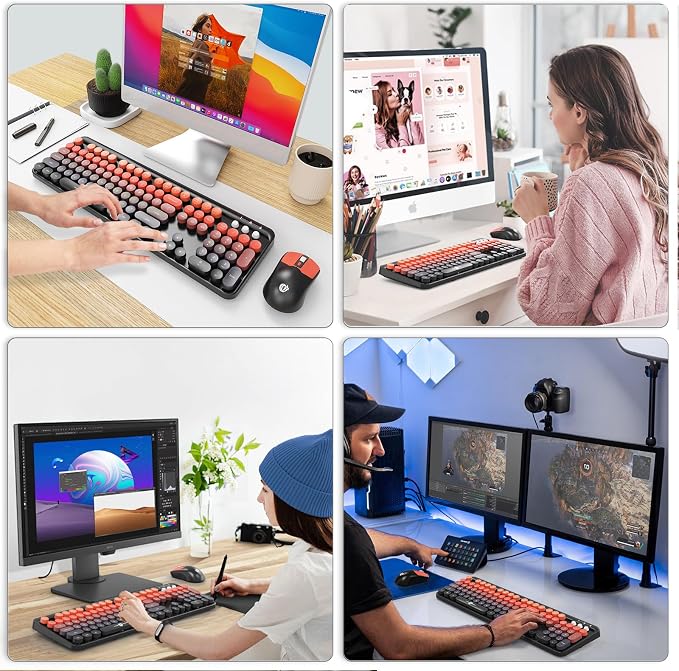 Orange Retro Wireless Keyboard and Mouse Combo, Round Key Typewriter Style Keyboard, 2.4Ghz Full Size Aesthetic Bubble Keyboard with Number Pad for PC Laptop Desktop