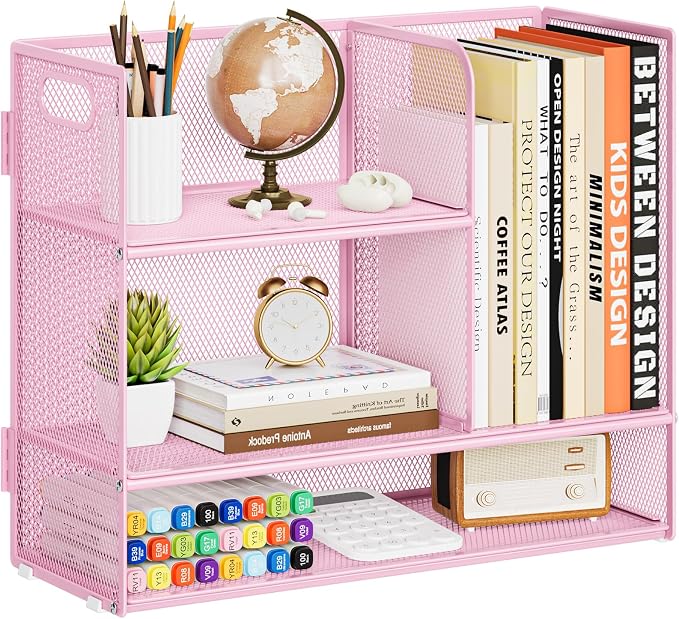 Marbrasse 3-Tier Desk Shelf Organizer with Handle, Desktop Bookshelf File Holder, Mesh Display Shelf Organizer Storage Rack for Office, Home, Supplies, Kitchen (Pink)