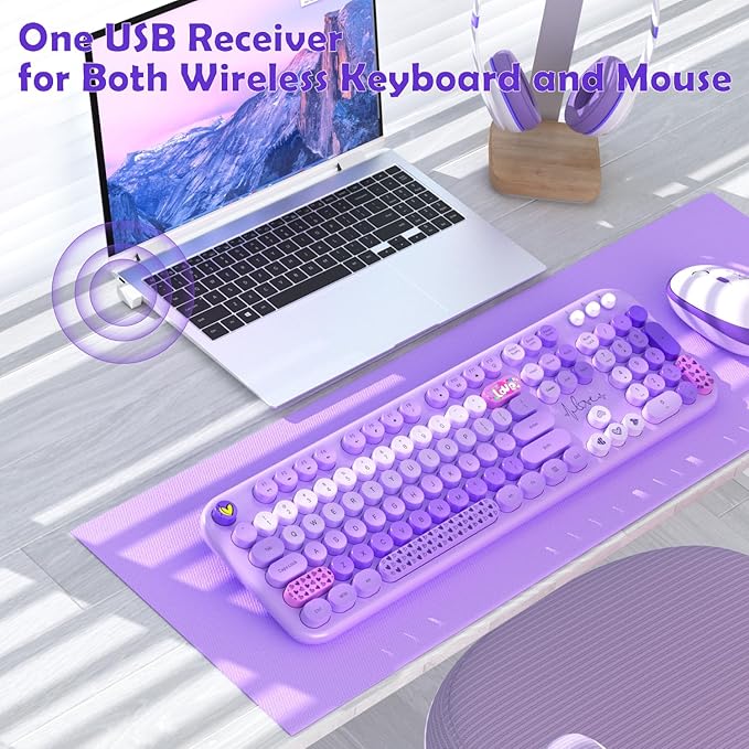 MOFII Keyboard and Mouse Wireless, 104 Round Keys Lovely Full-Size Cute Colorful Keyboard and Mouse with Retro Typewriter for PC/Mac/Laptop/Tablet/Computer/Windows Purple