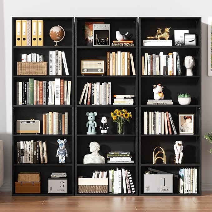 Shintenchi Bookshelf,6-Tier Open Bookcase and Bookshelves,6 Shelf Display Storage Shelves Floor Standing 70.6 inches Tall Bookcase for Home Office, Living Room (Black)