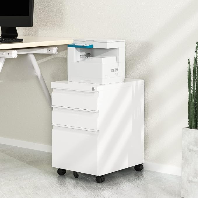 3 Drawer Mobile File Cabinet with Lock,Under Desk Filing Cabinet for Home Office, Metal Filing Cabinets on Wheels for Legal/Letter/A4 File, Fully Assembled Except Wheels, White