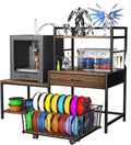 Saudism 3D Printer Stand with Storage Drawer and Rolling Filament Basket, Industrial Printer Table with Open Shelves and Hooks, Sturdy Metal Workstation for 3D Printing Tools and Accessories (Brown)