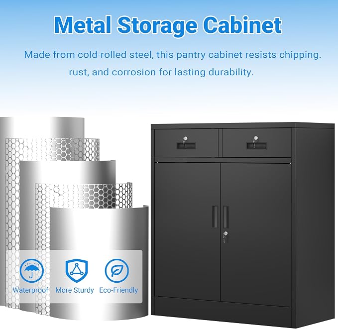 BESFUR Metal Storage Cabinet with Doors and Shelves, 36" H Locking Storage Cabinet with 2 Drawers, Reinforced Heavy Duty Metal Cabinets for Garage, Office, Home(Black)