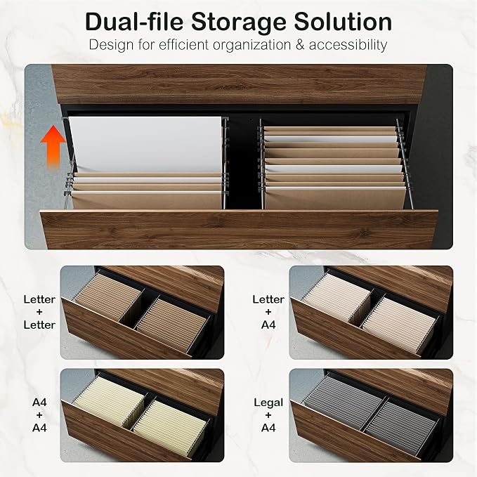 ModernMate 2 Drawer Lateral File Cabinet, 31W*23H Wood Filing Cabinet with Anti-tilt Mechanism, Home Office Storage Filing for Letter, A4 & Legal Size, Black Walnut