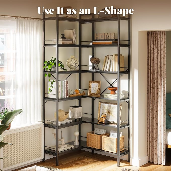 Huuger 6 Tier Bookshelf, L Shaped Corner Bookshelf with Open Shelves, 49.4 Inch Straight Wide Bookcase with Metal Frame and Wooden Board, Adjustable Feet, Black