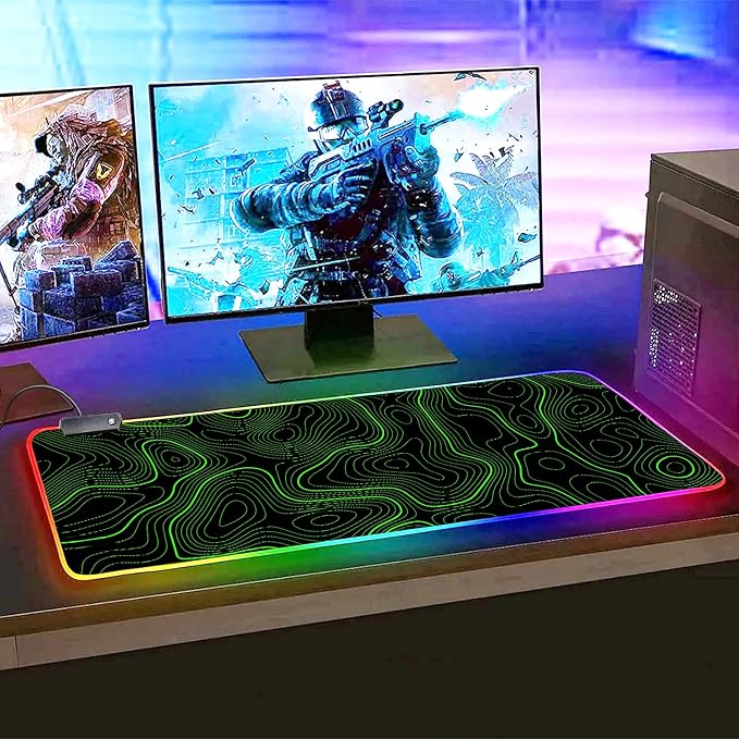 RGB Mouse Pad LED Desk Mat Large Gaming Mousepad Black and Green Line Design, Keyboard Pad XL Mouse Mat for Home and Office