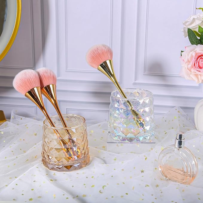 DASITON Glass Makeup Brush Holder Organizer, Diamond Pattern Cosmetic Storage Cup, Makeup Organizer for Vanity, Bathroom Countertop Toothbrush Holder, Desk Pen Pencil Holder (Clear)