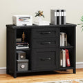 Halitaa 3 Drawer File Cabinet, Farmhouse Lateral Filing Cabinet Fits Files Letter or A4 Size, Wooden Printer Stand with Open Storage Adjustable Shelf for Home Office, Black