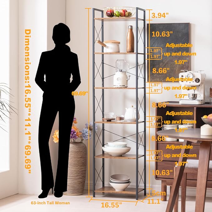 HCHQHS Narrow Bookshelf, Adjustable 6-Tier Industrial Bookcase, Rustic Open Book Shelf, Freestanding Tall Bookshelves with Metal Frame