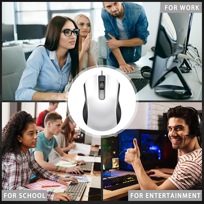 Hoteam 12 Pcs White Wired Computer Mouse Bulk Cord USB Computer Mice Ergonomic Wired Mouse for Pcs, Computers, Laptops, Gaming Office Home Supplies