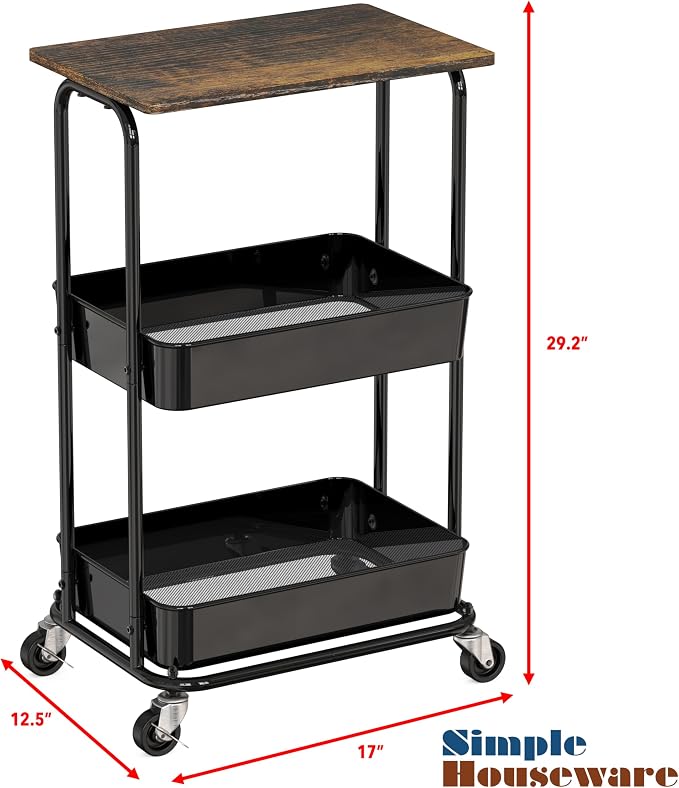 Simple Houseware 2-Tier Rolling Utility Cart with Lockable Wheels and Wood Top, Metal Storage Organizer Trolley for Kitchen, Bathroom, Office, Craft Room, Rustic Brown