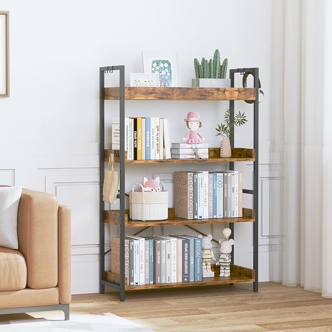 HCHQHS 4 Tier Bookshelf, Adjustable Industrial Bookcase, Vertical Tall Book Shelf, Wood and Black Metal Open Bookshelves for Home Office, Living Room, Bedroom