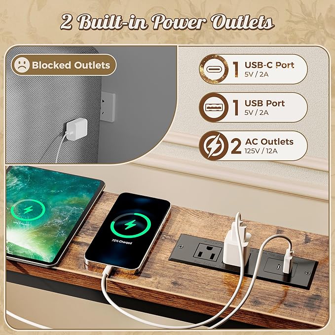 Huuger Narrow Sofa Table with 2 Power Outlets, 63-86.6 Inch Adjustable Length, Behind the Couch Table with USB-C Ports, Long Entryway Console Table, Anti-tip Kit, for Hallway Entry, Rustic Brown