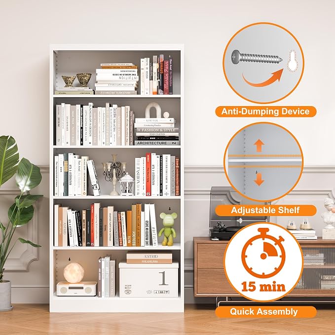 OSEILLC Bookcase,5 Tier White Bookshelves,66" Tall Free Standing Metal Bookcase with Adjustable Storage Shelves, Industrial Wide Bookshelf for Bedroom Living Room Home Office School