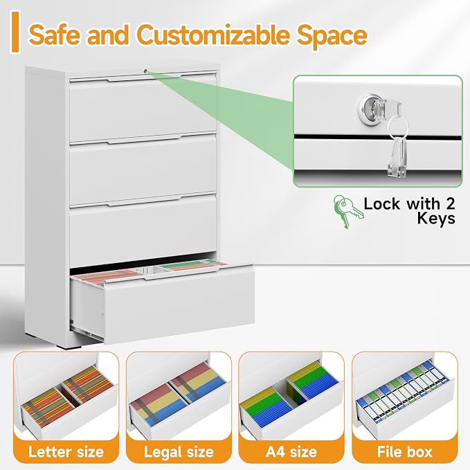 4 Drawer Lateral File Cabinets with Lock,Metal Filing Cabinet for Home Office,Wide Office Storage Cabinet with Hanging Bars for A4 Legal/Letter Size(White-Easy Assembly)