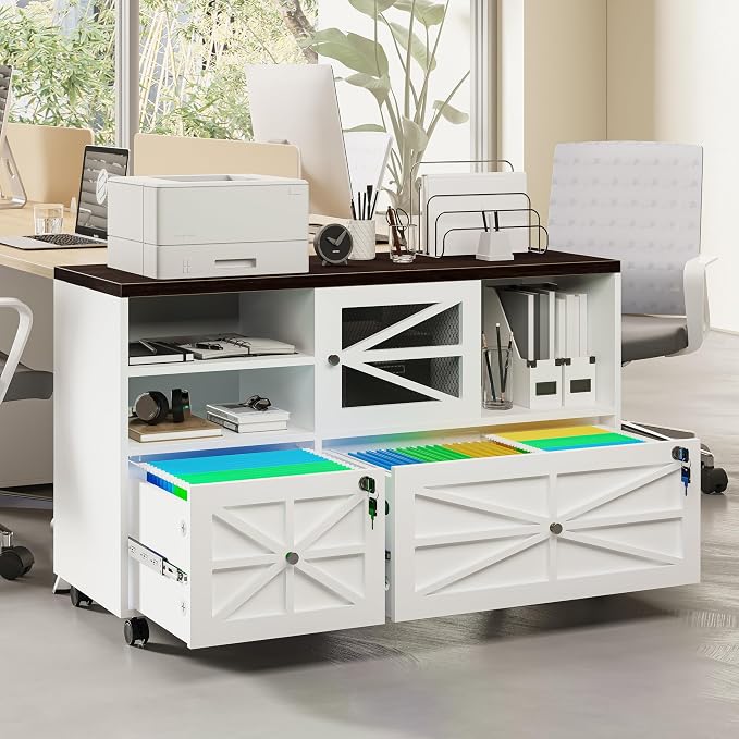 kepptory 2 Drawer File Cabinet with Lock, Rolling File Cabinet for Home Office Fits Files Letter/Legal/F4/A4, Filing Cabinet 2 Drawer with Adjustable Shelf & 2 Lockable Wheels (White + Brown)