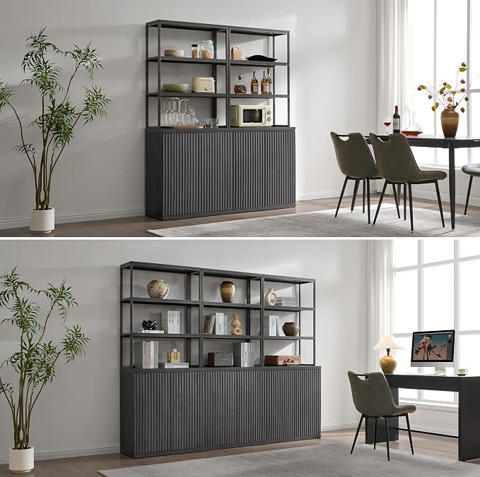 SICOTAS Fluted Book Shelf with Doors - 75" Tall Bookshelf with Storage 6 Tier Large Bookcase with Bottom Cabinet - Modern Metal Book Case for Living Room, Home Office, Kitchen, 3 Pieces