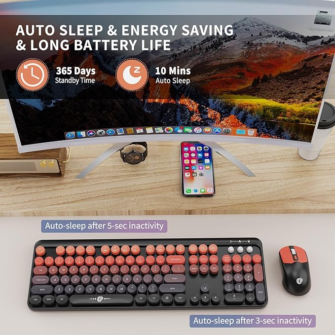 FOPETT Wireless Keyboard and Mouse Combo, 104 Keys Full-Sized 2.4 GHz Round Keycap Colorful Keyboards, USB Receiver Plug and Play, for Windows, Mac, PC, Laptop, Desktop (BlackOrange)