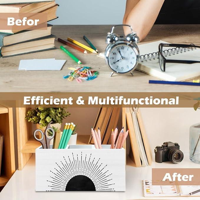 DILSJ Boho Abstract Sunshine Pen Pencil Holder Organizer for Desk, Boho Office Decor, Black and White Mid Century Modern Minimalist Sunshine Wooden Box Signs for Home Office Desk Tabletop Decoration