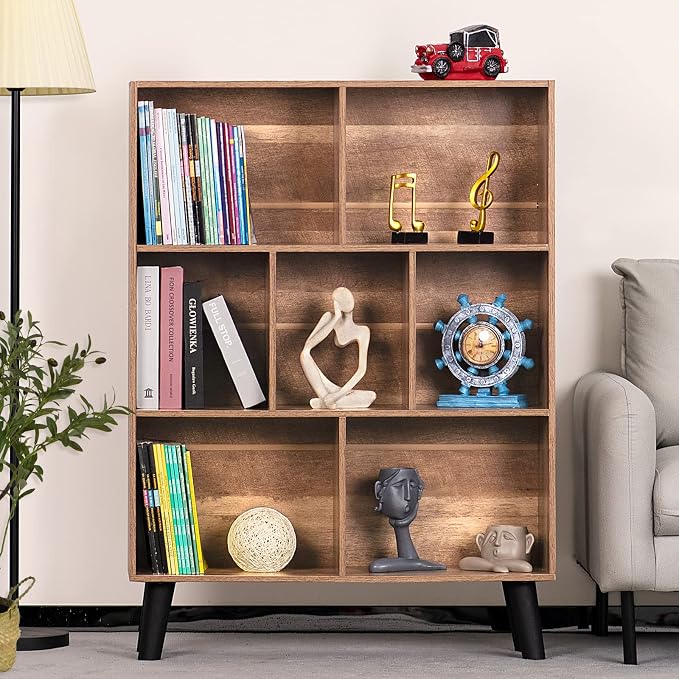 LEYAOYAO 7 Cube Bookshelf 3 Tier Modern Bookcase with Legs,Wood Book Shelves Storage Organizer Shelf,Free Standing Bookcases,Oak Display Bookshelves