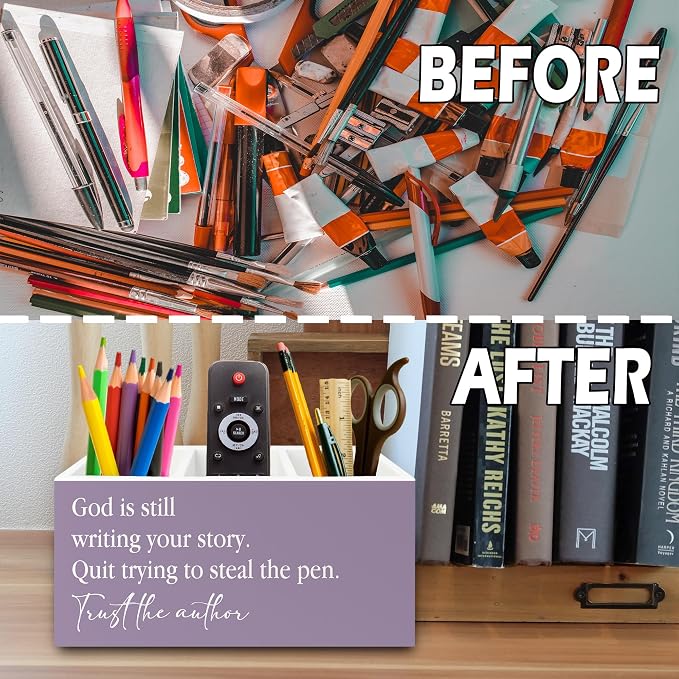Purple Christian Pen Pencil Holder Organizer for Desk, Christian Gifts for Women, God Is Still Writing Your Story Bible Verse Wooden Box Sign for Home Office Desk Tabletop Decorations