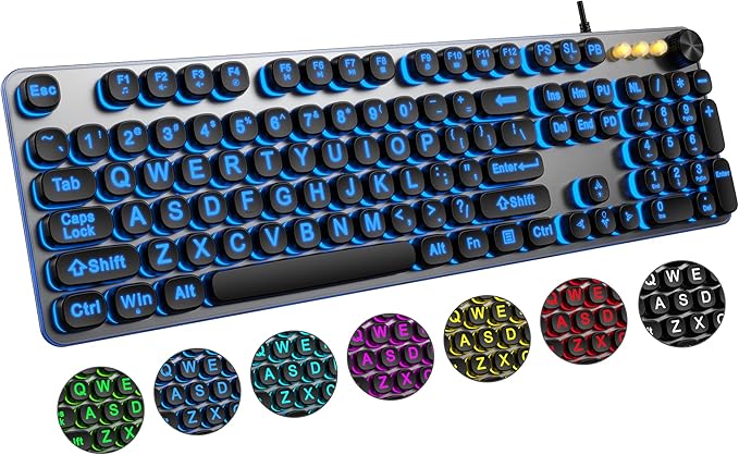 QUASIO Large Print Backlit Keyboard with 7-Color Backlit, Wired USB Lighted Computer Keyboards Oversize Letters Keys Easy to See, Illuminated Keyboard for PC, Laptop,Windows Desktop