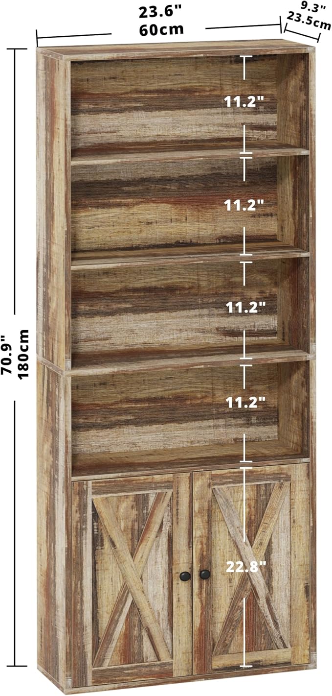 IRONCK Industrial Bookshelves and Bookcases with Doors Floor Standing 6 Shelf Display Storage Shelves 70 in Tall Bookcase for Home Office, Living Room