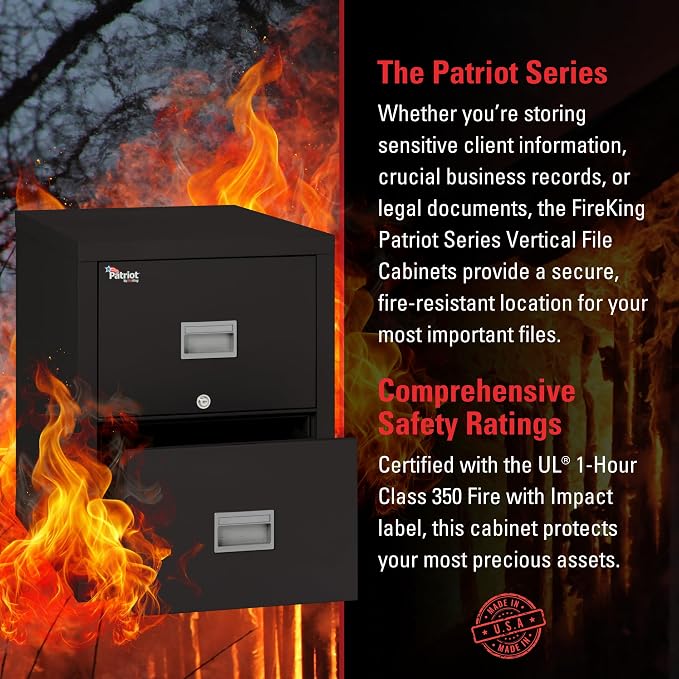 FireKing Patriot 2P2131-CBL Insulated UL Class 350 one-Hour Fire Rated Vertical Filing Cabinet with 2 Drawers, Deep Legal Size, 31-9/16" Length x 20-13/16" Width x 27-3/4" Height, Black