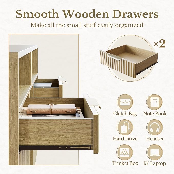 4 Drawer File Cabinet, Fluted Wood Lateral Filing Cabinet with Lock and Charging Station for Home Office, Printer Stand with Open Storage Shelves, Fits A4, Letter Size, Light Waulnut