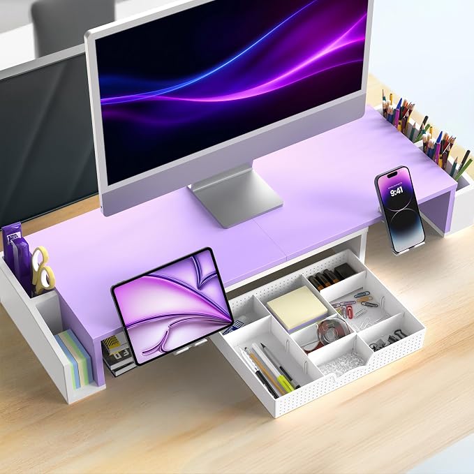 Simple Houseware Desk Dual Monitor Stand Riser with Drawer, Purple