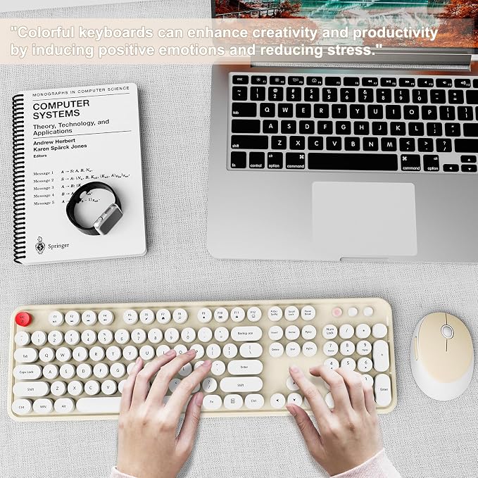 Wireless Keyboard and Mouse Combo, Ergonomic Full Size Typewriter Retro Round Keycaps Keyboard, Compatible with Windows, PC, Perfer for Home and Office Keyboards (Beige