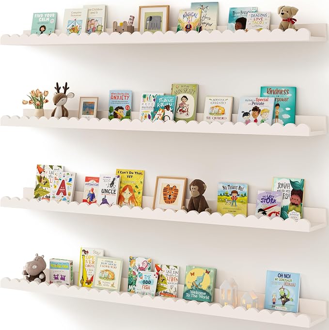 Shario Nursery Book Shelves, 4-Pack White Floating Shelves for Wall Kids, Scalloped Shelves, Wall Book Shelves for Bedroom Kids, Toddler Room, Baby Room, Nursery Decor (White, 47.2 Inches)