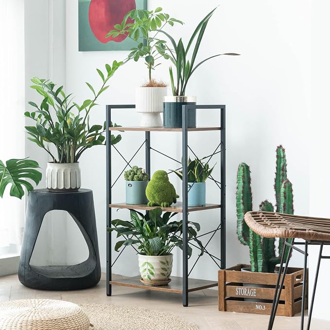 HCHQHS Small Bookshelf, Adjustable 3-Tier Industrial Bookcase, Rustic Open Book Shelf, Wood and Metal Horizontal Bookshelves