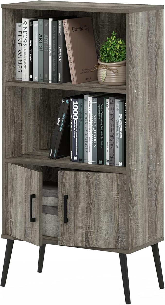Furinno Claude Mid Century Style Accent Wooden Leg Bookcase Cabinet with Storage Organizer Shelves, French Oak Grey