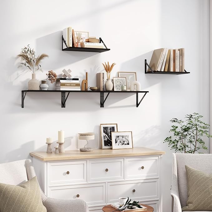 Heimlove Black Deep Floating Shelves for Wall, 16W x 8D Wood Wall Shelves Set of 2, Wide Floating Bookshelf for Living Room, Kitchen, Office, Bedroom and Decor Storage, with Metal Bracket - Black