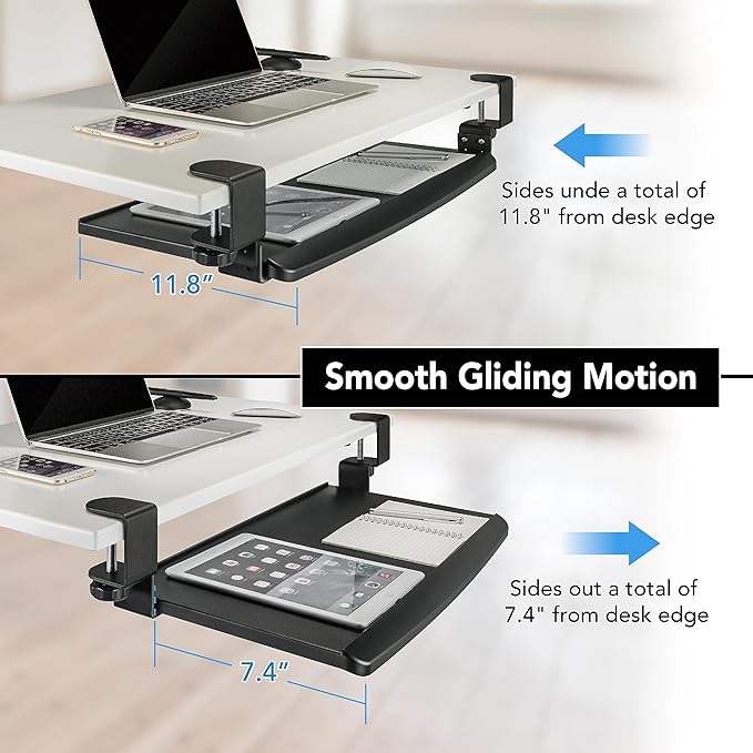 EHO Prime Desk Clamp Keyboard Tray, Under Desk Sliding Retractable Drawer, Ergonomic Space-Saving Platform for Standard Keyboards, Large 20" x 11.5" Workstation Extension