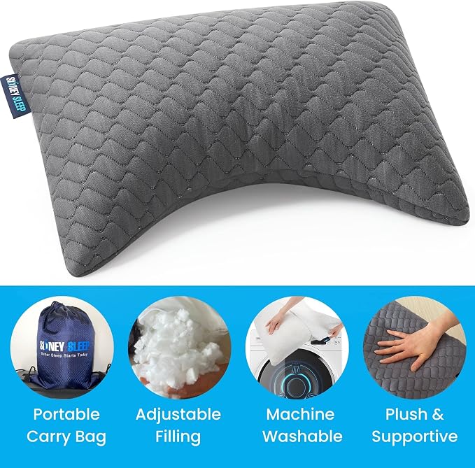 Sidney Sleep Mini Travel Size Neck Pillow - Knee, Back Lumbar and Support - Small Curved Pillow - 14 x 19 Inches - Adjustable Loft - Washable - Drawstring Backpack Included (Mini - Grey)