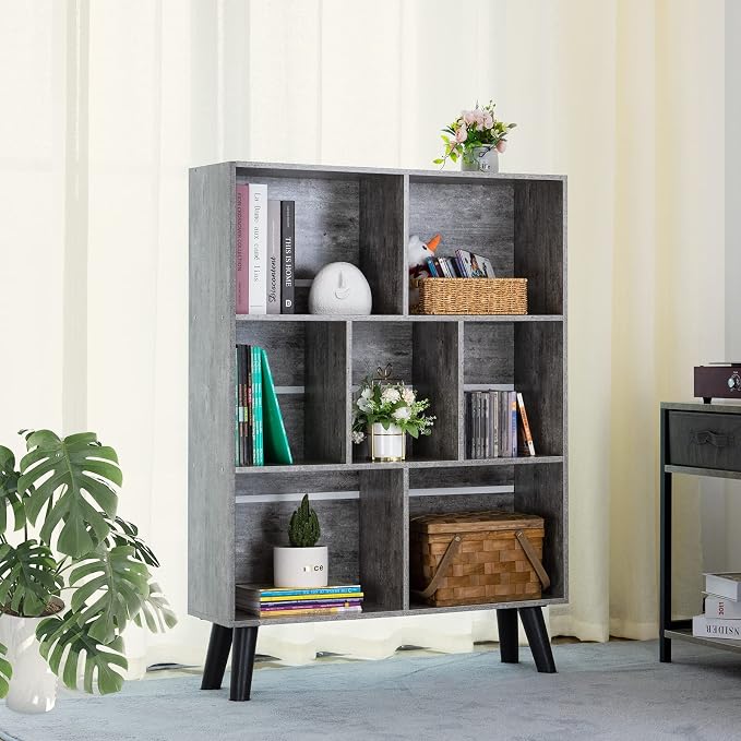 LEYAOYAO Bookshelf Cube Storage Organizer,3 Tier Bookcase with Legs,Modern Wood Open Shelf,Dirty Grey Bookshelves,Free Standing Display Short Book Shelves for Narrow Space,Bedroom,Living Room,Office