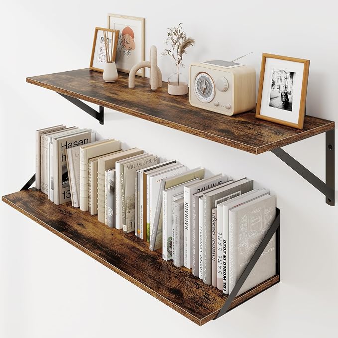 Heimlove Deep Floating Shelves for Wall, 30W x 8D Wood Wall Shelves Set of 2, Wide Floating Bookshelf for Living Room, Kitchen, Office, Bedroom and Decor Storage, with Metal Bracket - Rustic Brown